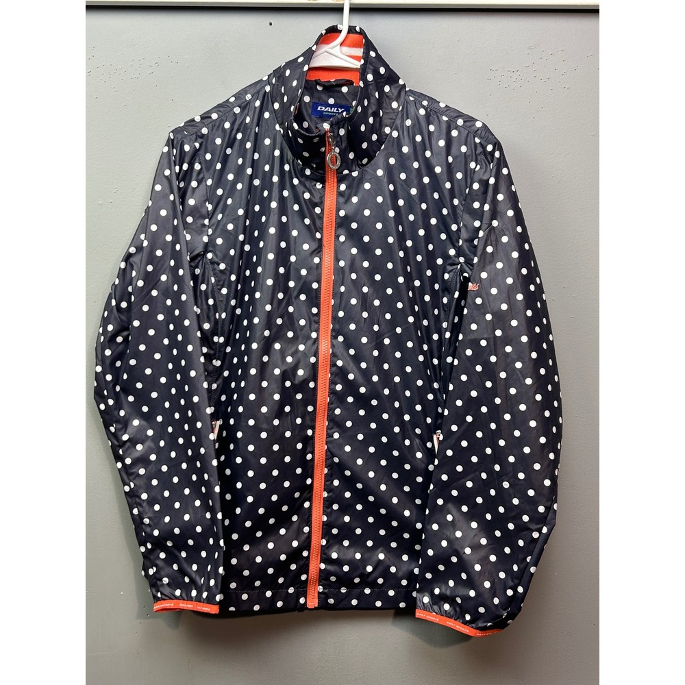 Daily Sports Womens Large Golf Polka Dot Windbreaker Jacket Navy Orange Full Zip